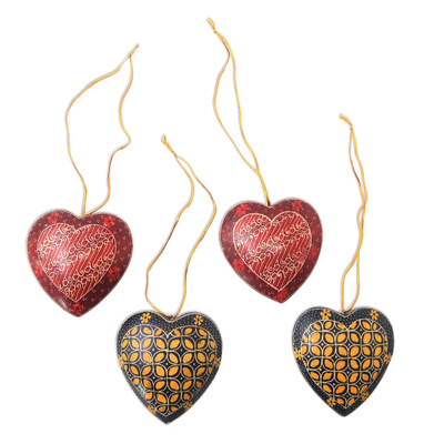 UNICEF Market  Traditional Batik Wood Heart Ornaments from Java (Set of 4)  - Traditional Hearts